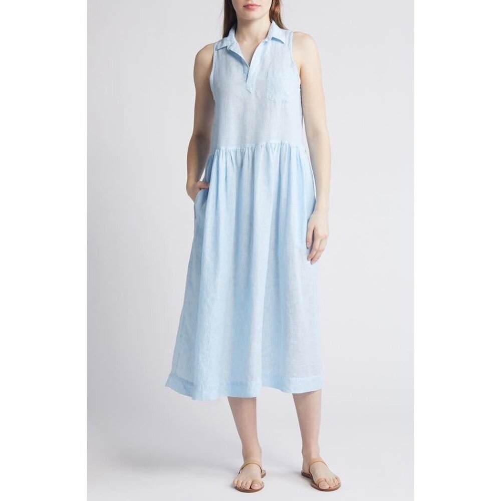 Frank and Eileen women's small blue striped‎ Daphne linen midi dress sleeveless